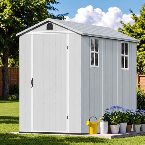 Image of Devoko 4x8 FT Resin Storage Shed with Floor, Garden Plastic Outdoor Shed with Window and Lockable Door, Waterproof Outside Tool shed for Backyard Patio, Light Grey