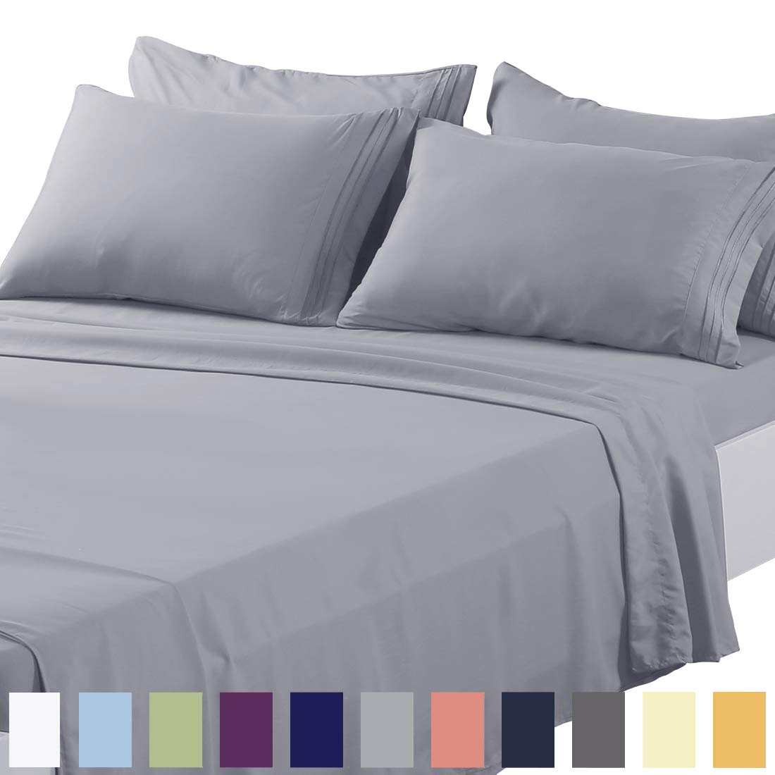 TEKAMON Queen Bed 6 Piece Sheet Set Cooling 100% Microfiber Polyester Extra Deep Pocket Fitted Sheet Luxury Soft,Breathable,Wrinkle Free Flat Sheet Grey