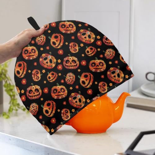 Image of Hudotybom Pumpkin Lantern Tea Cozy Teapot Cover Halloween Tea Pot Cosies 6 Cups Insulated Large Teapot Protective Cover for Kitchen Home Decor