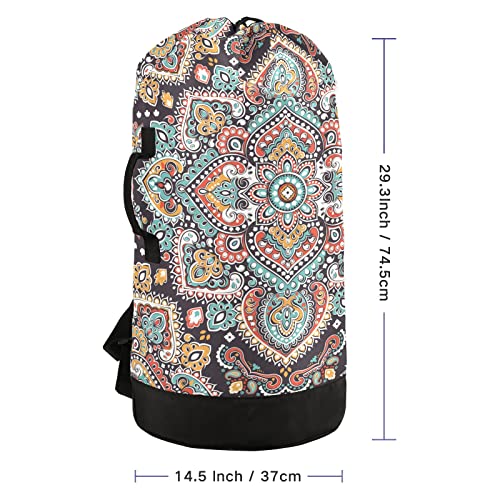 Mnsruu Washable Laundry Bag Backpack Large Dirty Clothes Bag With Adjustable Shoulder Strap Handles, Indian Floral Paisley Extra Laundry Heavy Duty Drawstring Bag For Travel College Grey Camping #TOP6