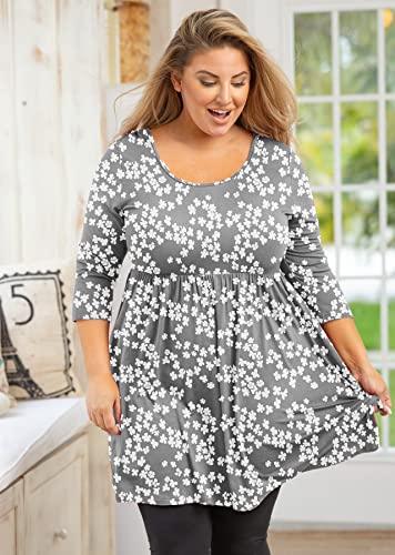 Auslook Plus Size Tops For Women 3/4 Sleeve Grey Sakura 3X Crewneck Tunic Flowy Blouse Loose Fit Babydoll Clothing Summer Fall Winter Maternity Shirts Wear With Leggings #TOP1