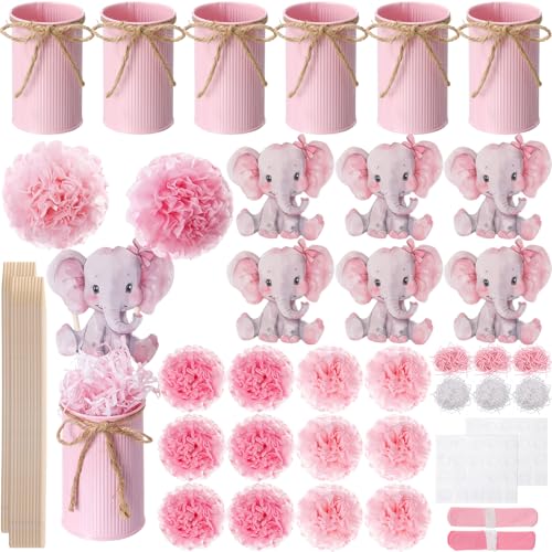 Spiareal 6 Sets Pink Elephant Baby Shower Vase Decorations Cute Pom Poms Centerpieces for Tables with Tin Vases Sticks Animal Theme Gender Reveal Photo Booth Props Birthday Party Supplies