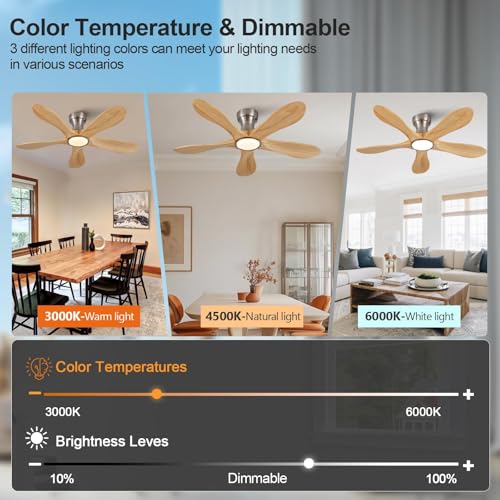 Image of Dimmable 42 Inch Flush Mount Ceiling Fans with Lights and Remote, 5 Blade Wood Bedroom Ceiling Fan Outdoor Ceiling Fans for Patios Low Profile Ceiling Fan with Light for Bedroom Indoor