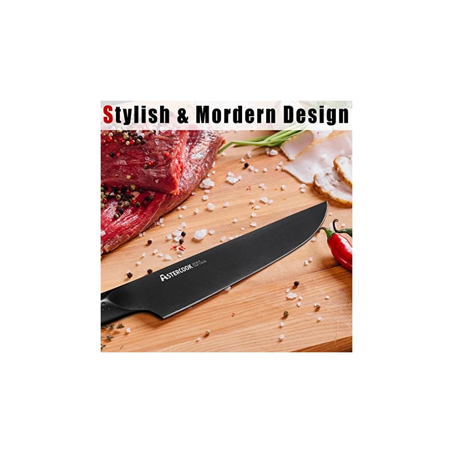 Astercook Knife Set, 21 Pieces Chef Knives Set with Block for Kitchen, German Stainless Steel Handle One-Piece Design Knife Block Sets, Dishwasher Safe, Black