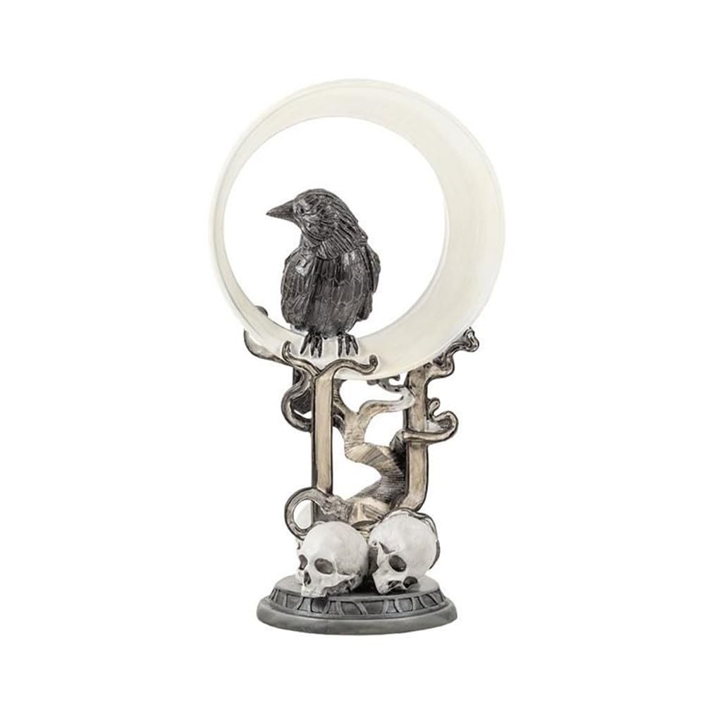 Corbeau sur Lune œuvre en résine de 36 cm aux finitions soignées et socle de crânes sculptés