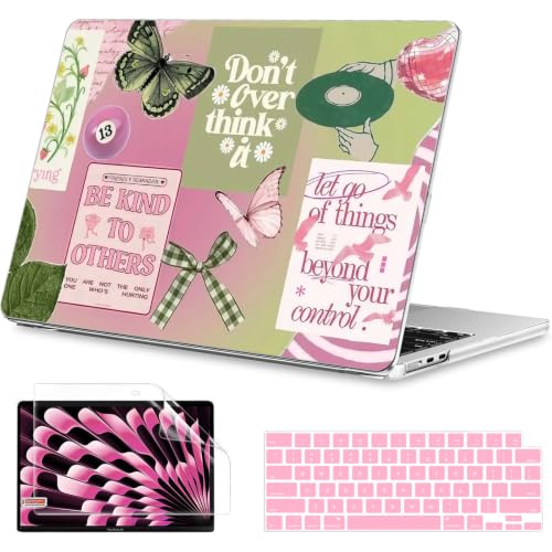 Image of B BELK for MacBook Air 15 inch Case 2026 2025 2024 2023 M5 M4 M3 M2 | Protective Printed Laptop Hard Shell Case with Keyboard Cover & Screen Protector, Green Pink Aesthetic Butterfly Collage