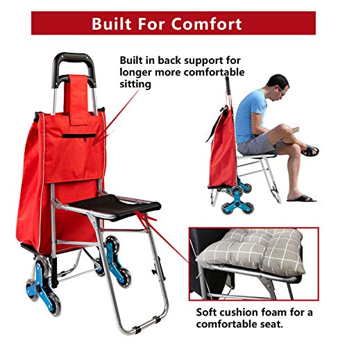 Besthls Shopping Cart with Seat,Stair Climbing Multipurpose Folding Shopping Grocery Cart Utility Cart,Red