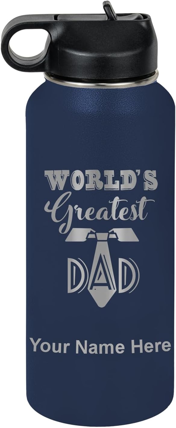 LaserGram Personalized Water Bottle, World's Greatest Dad, Stainless Steel Double Wall Vacuum Insulated with Flip Top Straw, Custom Engraved Gift (32oz / 950ml Navy Blue)