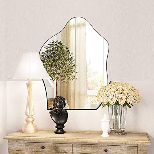 36" X 28" Irregular Mirror，Asymmetrical Cloud Shape Wall Mirror Modern Decorative Black Wood Framed Wall Mounted Mirrors For Living Room Bedroom Entryways Home Decor #TOP6