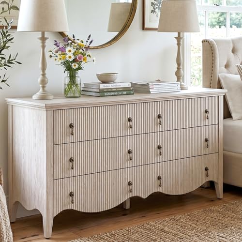 Image of FUSUNBAO 6-Drawer Fluted Dresser, Wide Double Chest of Drawers,Nature Oak | Fluted Design, Horizontal Chest of Drawers, Freestanding Storage Cabinet, For Bedroom & Living Room, Farmhouse Decor