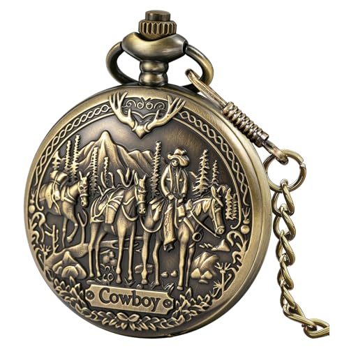 Image of Tiong Vintage Pocket Watch Engraved Cowboy Skull Wolf 3D Pattern Arabic Numerals Quartz Pocket Watch with Chain Best Gifts