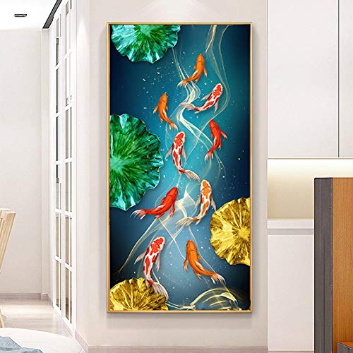 Tableau de carpes koï dorées impression sur toile moderne 55x110cm non encadré