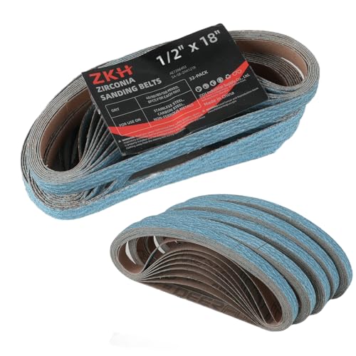 ZKH Zirconia Sanding Belts for Metal Working, 1/2' x 18' Belt Sander Paper, 32 Pack 40/60/80/120 Assorted Grits Sander Belts for Metal Polishing, Woodworking