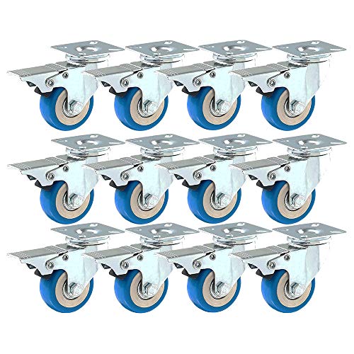 12 Pack With Brake Caster Wheels Swivel Plate Casters On Blue Polyurethane Wheels PU