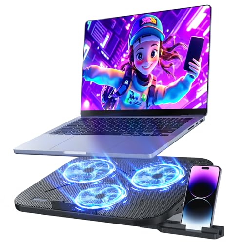 Laptop Cooling Pad with 3 Quiet Fans, 5-Level Height Adjustable Ergonomic Stand, 2 USB Ports & Phone Holder, Fits 12-17 Inch Laptops, Family-Friendly for Gaming/Work/Online Class, Ideal Gift