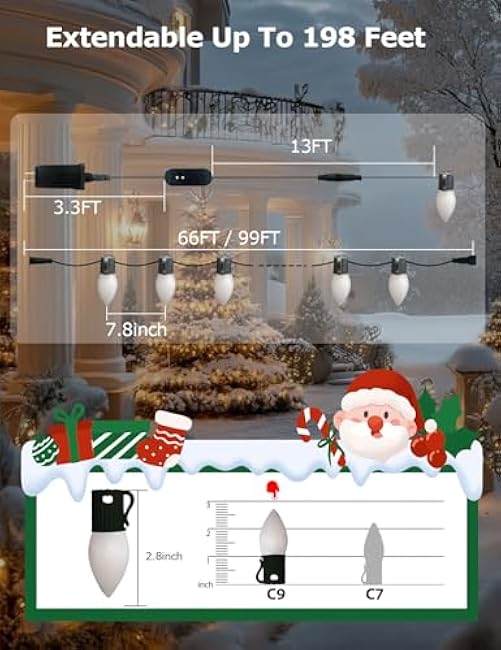 Smart C9 Christmas Lights Outdoor 66ft, 100 LED RGBW Chasing Effects Xmas Lights Outdoor, APP and Remote Controlled with Timer Music Sync, Extendable LED Christmas Lighting for House Tree