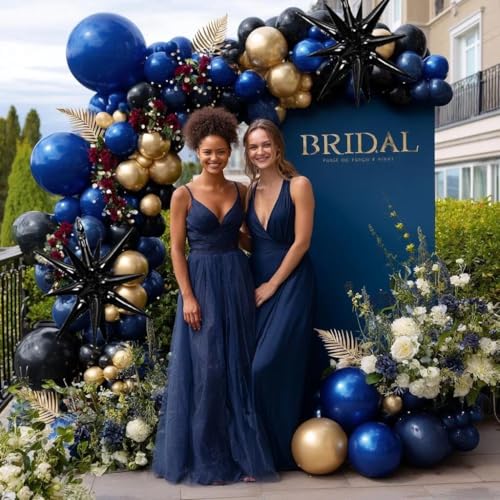 Image of Navy Blue Black Gold Balloon Arch Kit - Double Stuffed Dark Royal Blue Matte Black Balloon Garland with Metallic Gold for 2026 Graduation Men's Birthday Anniversary Wedding Prom Decoration