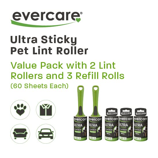 Image of Evercare All Purpose Pet Hair 2 Lint Rollers with 3 Refills, 60 Sheets Each - Manual Reusable Sticky Roller for Pet Hair, Green