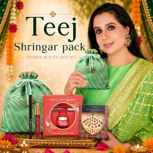 Image of Parul Garg Beauty Teej Shringar Pack | Festive Makeup Gift Set with Juliet Rose Silk Matte Liquid Lipstick, Kajal, Signature Sindoor, Utsav Bindi Patta | Potli Colour May Vary
