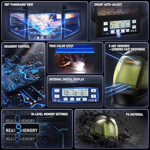 Image of YESWELDER Auto-Shade Welding Helmet, Internal Digital Control, 180 View | three sides auto-darkening, 1 /1 /1 /1 true color, auto adjust, 5 arc sensors, shade 3 /4-8 /9-14, customized memory presets