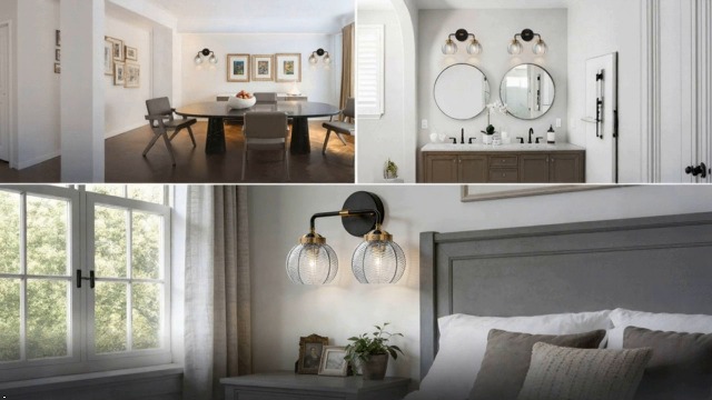 Image of Vintage Bathroom Vanity Light Fixture Modern Wall Sconce Over Mirror | Thick Glass Ribbed Smoky Gray Globe Lamp Shade Mid Century Black Gold Vanity Lights Fixtures for Farmhouse Dining Room above