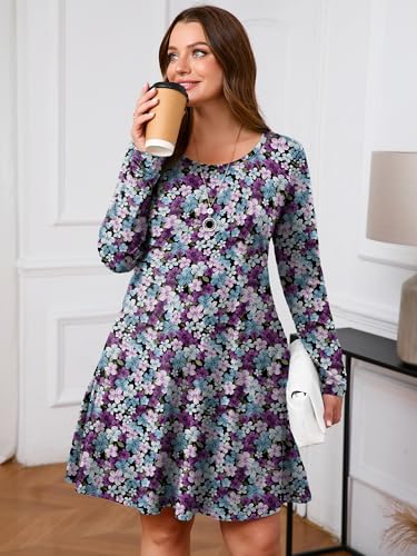 Image of AusLook Women's Plus Midi Dress Long Sleeve Crew Neck A-Line Swing Flowy Vacation Fall Wedding Guest Dresses with Pocket 1-5X