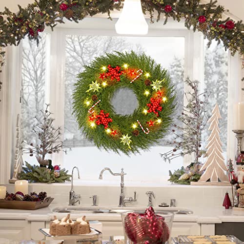Yoleshy Pre-Lit Christmas Wreath For Front Door With Hanger 18" Battery Operated Christmas Wreath With Lights Red Berry Pine Cone Candy Cane, Christmas Decorations For Window, Wall Decor, Fireplace #TOP5