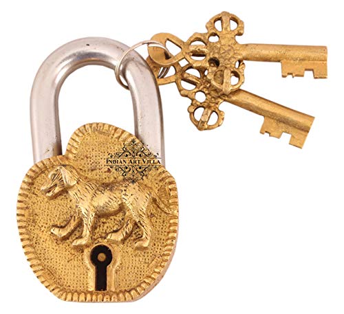 Image of Indian Art Villa Handmade Old Vintage Style Antique Dog Design Brass Security Lock with 2 Keys|Home Temple Office