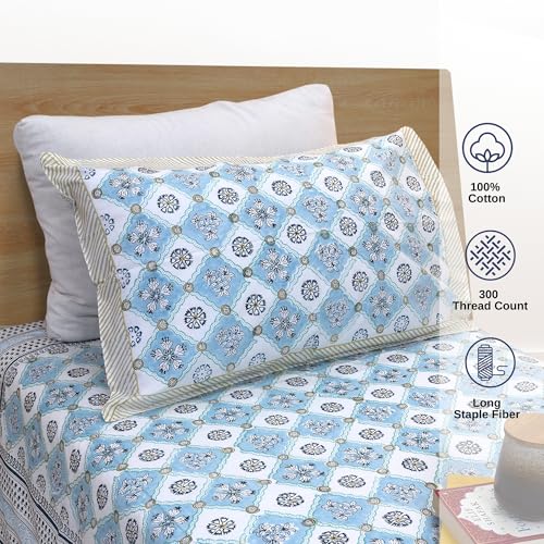 Image of TOAI Hand Block Printed Jaipuri Bedsheet | Bed Sheet Flatsheet | Pure Cotton | Single Bed 60 inchx90 inch | 300 TC Bedsheets | Includes 1 Pillow Cover |Small Blue Jaal