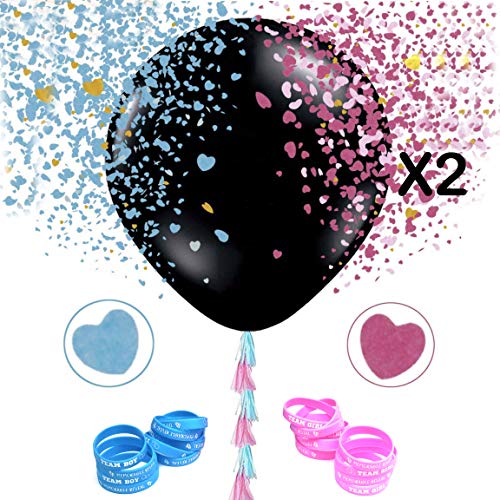 2 XL Baby Gender Reveal Balloons | 20 Team Boy or Girl Wristbands For Baby Shower Party Games | Pink and Blue Heart Confetti with Tassels | 26pcs Gender Reveal Party Supplies Kit |