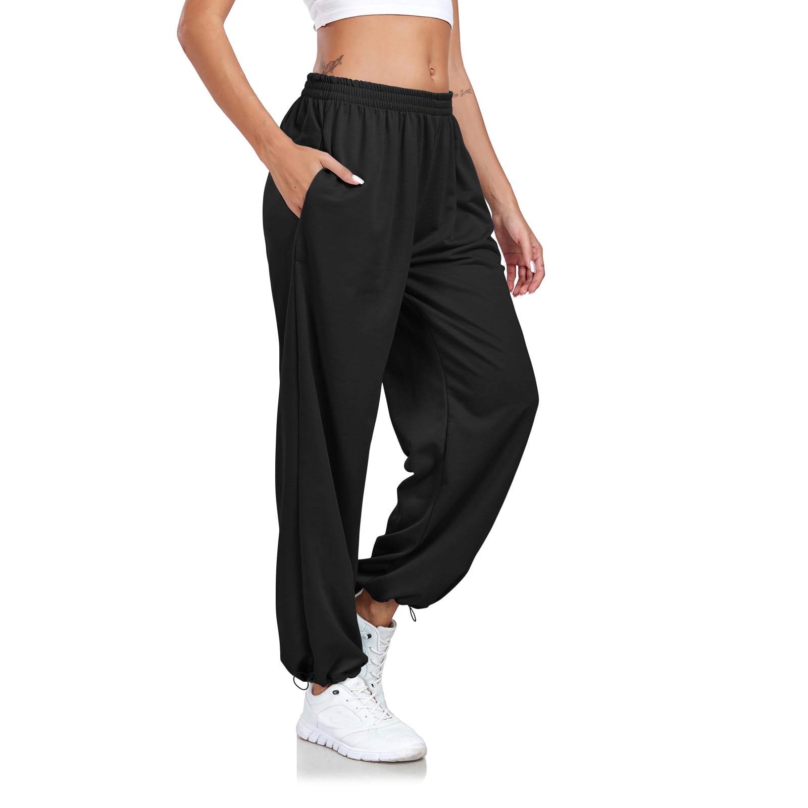 Enwokran Pantalon de Jogging Femme Pantalon de Survêtement Ample avec Poches à Taille Haute élasticité Sudation Réglable Casual Pant Pantalon de Sport D'été à Jambes Larges