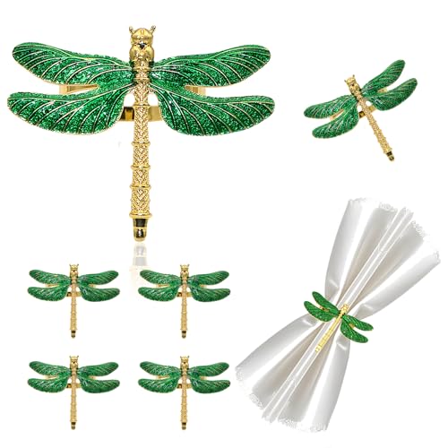 Davifina Green Dragonfly Napkin Rings Set of 6,Summer Napkin Rings for Garden Wedding Decor,Gold Rings for Napkins,Metal Bird Napkin Ring Holders,Fall Napkin Buckle,Rustic Farmhouse Dinner Table Decor