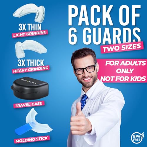 Image of HONEYBULL Mouth Guard for Grinding Teeth [6 Pack - 2 Sizes] for Clenching at Night, Whitening & Sports