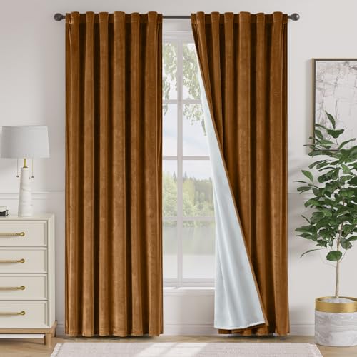 Image of Blackout Golden Brown Velvet Curtains Back Tab 52x90 Inch 2 Panels | Lined, Soft Velvet, For Bedroom & Living Space, Light Shifting Texture, Elegant Luxury Drape, Rich