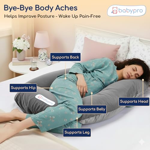 Image of BabyPro J-Shaped Pregnancy Pillow with Silky Cooling Velvet Cover, Grey | Full Body Pillow for Back Pain, Head, Belly, Hips & Knees, Soft Cushion