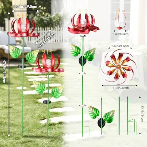 Image of Solar Yard Lights Wind Spinners- Metal Lotus Flower Garden Decor LED Crackle Glass Globe Yard Art Sculpture Solar Stake Lights for Patio Pathway Lawn Walkway (Red-Large)