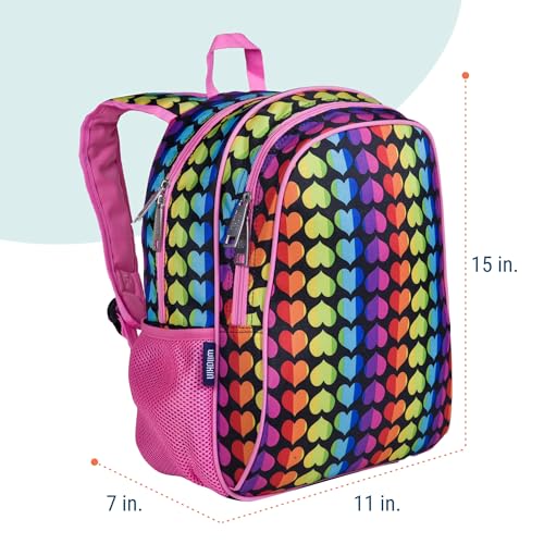 Image of Wildkin 15 Inch Backpack for Boys /Girls, Rainbow Hearts | Ages 5-10, padded straps, side water bottle pocket - coordinates with matching Wildkin lunch boxes and water bottles