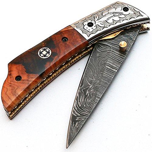 Folding Knife - Handmade Knife - Damascus steel knives - 7.4 Inch Sharp Edge Folding Blade - Custom Knife - Rose Wood Handle - Folding Pocket Knives - Knife With Leather Sheath - 8832