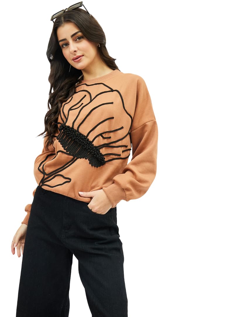 Women’s Beige Floral Embroidered Sweatshirt | Soft Casual Pullover | Elegant Flower Embroidery Cozy Winter Sweatshirt for Women-image-22