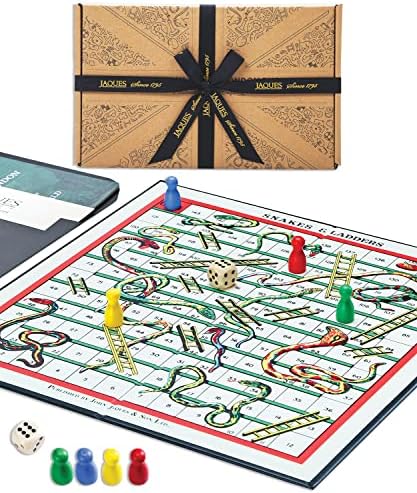 Snakes and Ladders Game | Luxury Linen Finish Snakes and Ladders Board Game with Wooden Pieces | Jaques of London