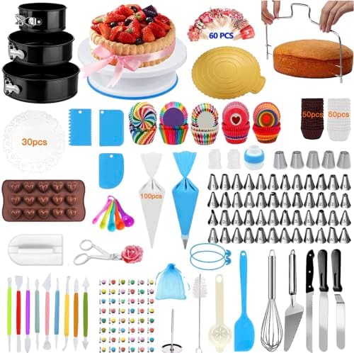 Cake Decorating Supplies | Cake Decorating Kit Baking Supplies Set For Beginners | Rotating Cake Turntable Stand | Icing Piping Tips & Bags | Frosting & Pastry Tools (470 Pcs set)