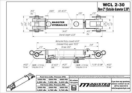 Magister Hydraulic Cylinder 2" Bore x 30" Stroke, Welded Hydraulic Ram with Clevis Ends, Double Acting Hydraulic Piston 3500 PSI (WCL 2x30) — view 3