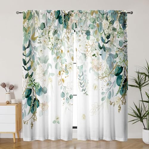 Gold Green Curtains 84 Inches Long Sage Green Leaves Light Filtering Curtain White Floral Drapes for...