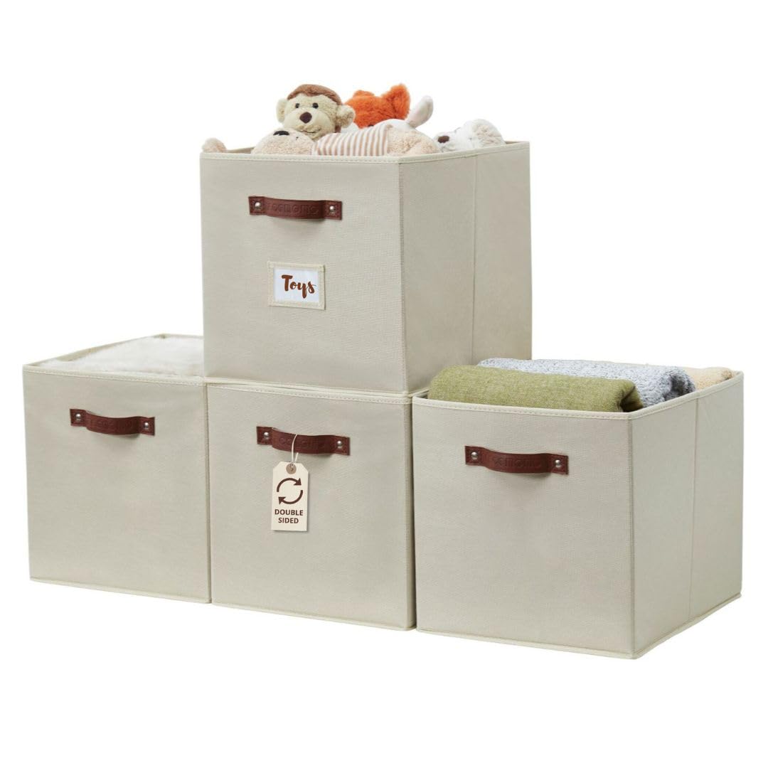 DECOMOMO Storage Baskets, 13x15x13 Storage Cube Bins with Labels for Organizing Shelves Kallax (Kallax / 4pcs, Beige)