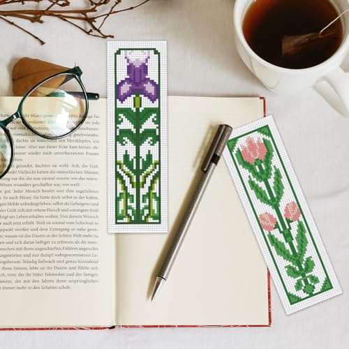 Image of INFUNLY 6 Sets Retro Plant Flowers Cross Stitch Bookmark Kits for Beginners 22*8cm DIY Stamped Embroidery Bookmarks Kits with Instruction Full Kit of Handmade Cross Stitch Bookmark for Reader Lovers