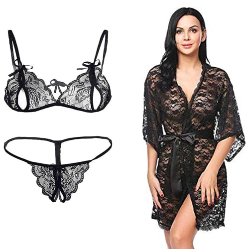Image of Stylish Women's Satin Net Nighty with Bra and Panty Nightwear Set (Free Size)