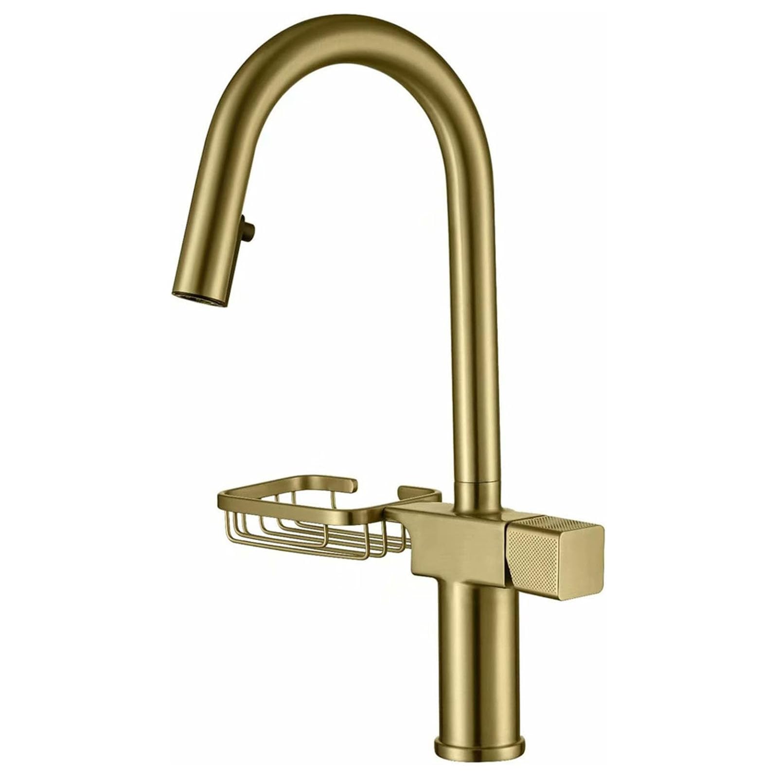 ZYCHSJXA Kitchen Bath Taps Pull Down Sink Faucet High Arc Swivel Faucets with 2 Function Out Sprayer Solid Brass Deck Mounted Single Hole Mixer Soap Drainer Shelf,Brushed Gold