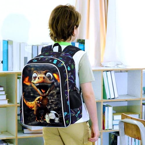 Image of 16 inch Dinosaur Backpack, Boys Kids Bookbag with Lunch Box, 3Pcs Dino Soccer School Backpacks for Elementary Preschool Kindergarten (Black)