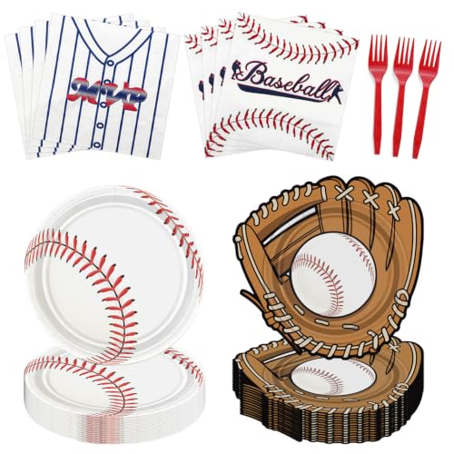APUXXJUPA 100 Pcs Baseball Party Plates Napkins Set, Including 9 Inch 8 Inch Baseball Paper Plates Napkins Forks for Kids Birthday Party Decorations Serves 20