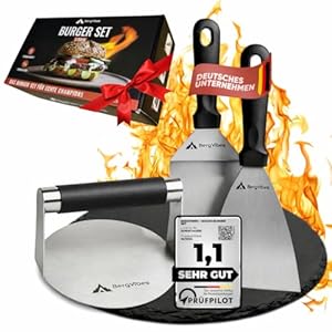 BERGVIBES Burger Smasher 3tlg., Smash Burgerpresse. aus Edelstahl, Grillspachtel Set, Smash Burger Set, Plancha Spachtel Set, Smasher, Smashed Burger Presse,